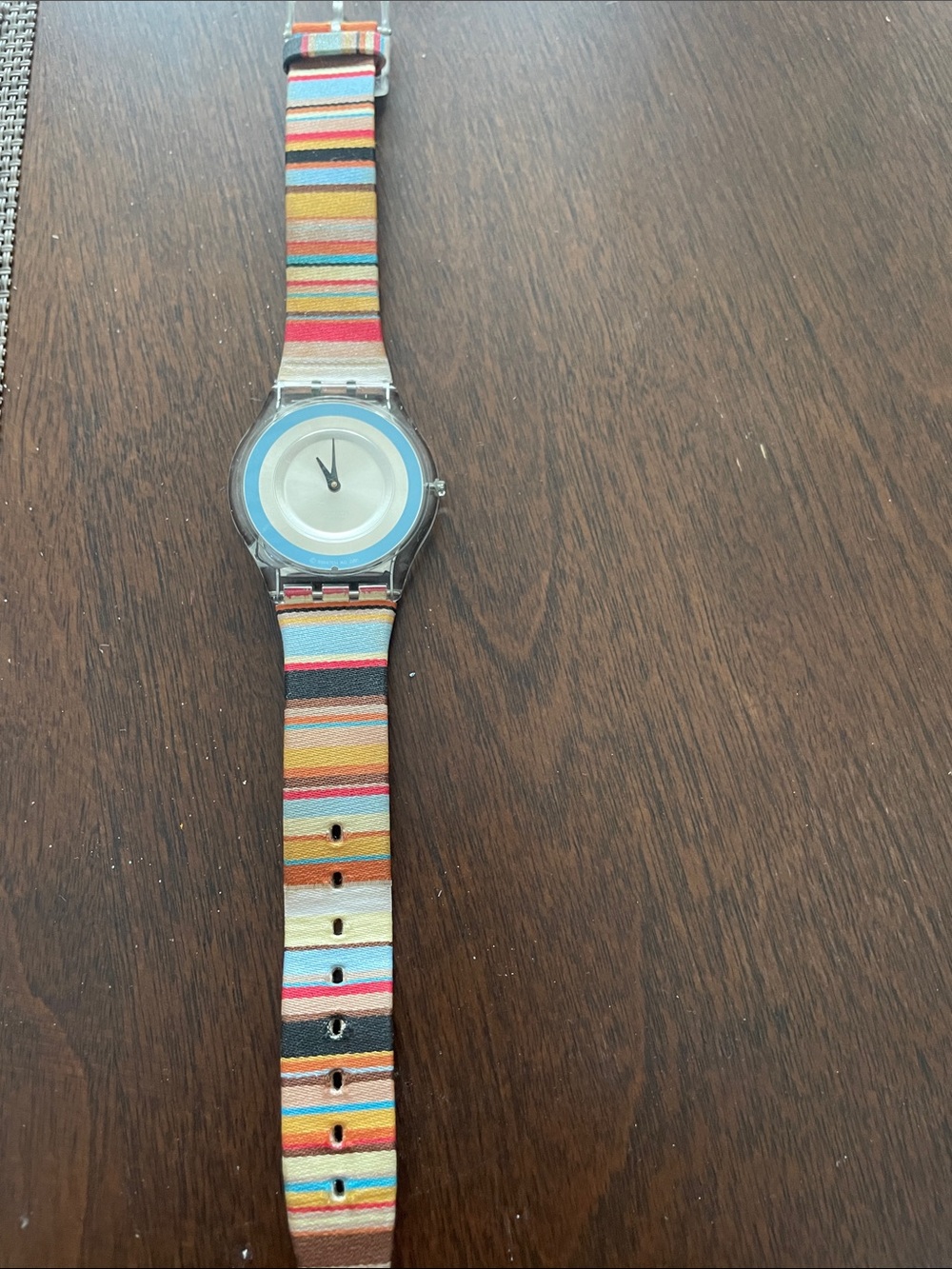 Swatch Clear Case Watch with Multicolor Striped Fabric Strap